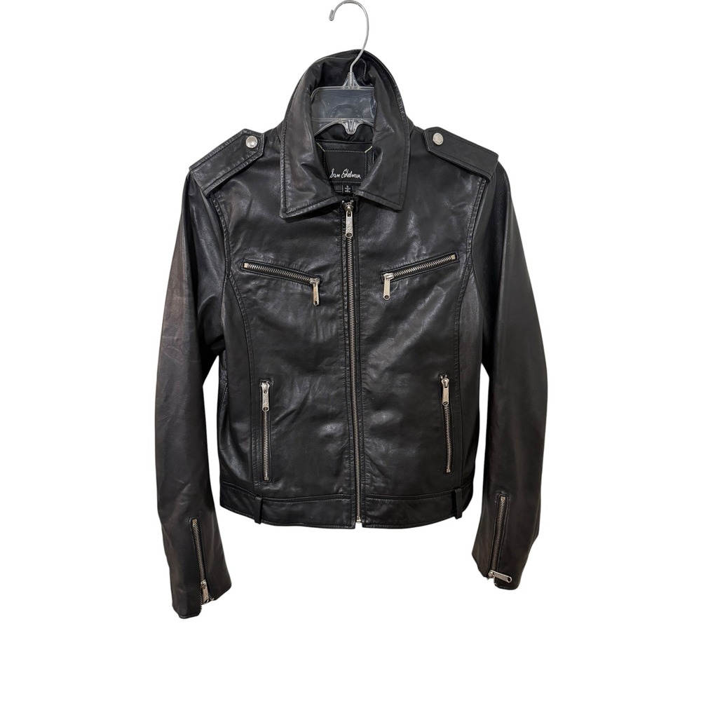Sam Edelman Womens Black Leather Moto Biker Jacket Small Zip Pockets Epaulettes
